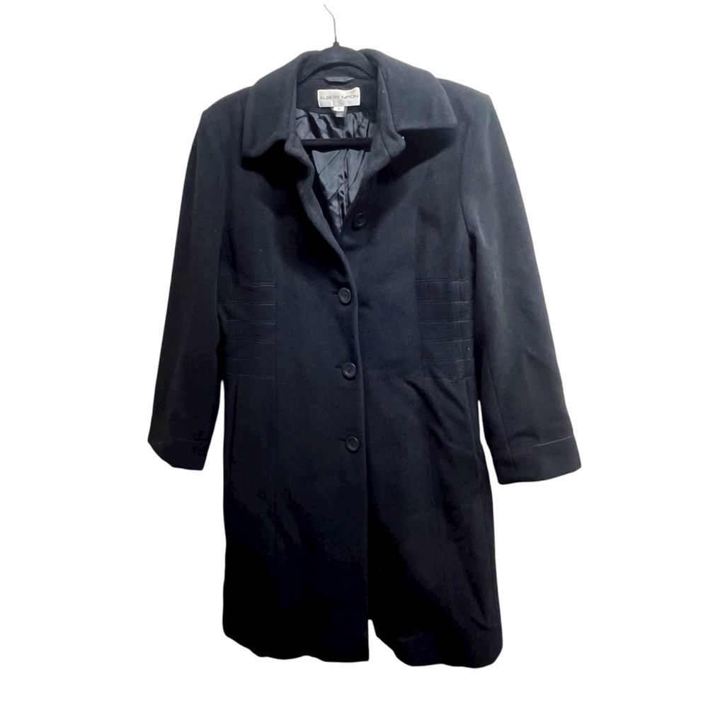 Vintage Albert Nipon Black Virgin Wool , Angora & Cashmere Trench Coat Size 8,